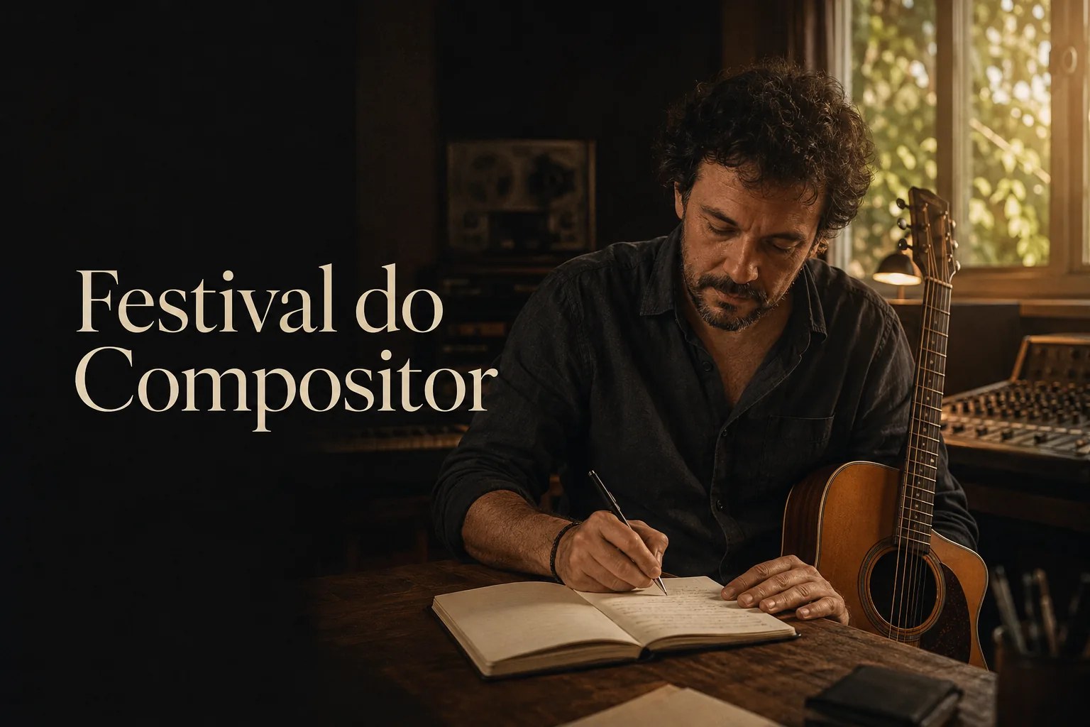 Festival do Compositor — compositor escrevendo uma música ao lado do seu violão